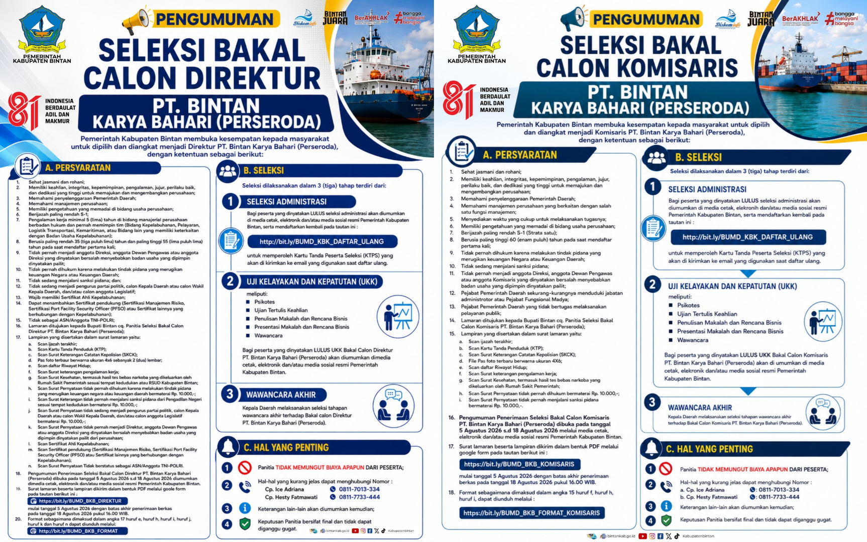 WANTED! Pemkab Bintan Cari Komisaris Dan Direktur BUMD PT. Bintan Karya Bahari (Perseroda)