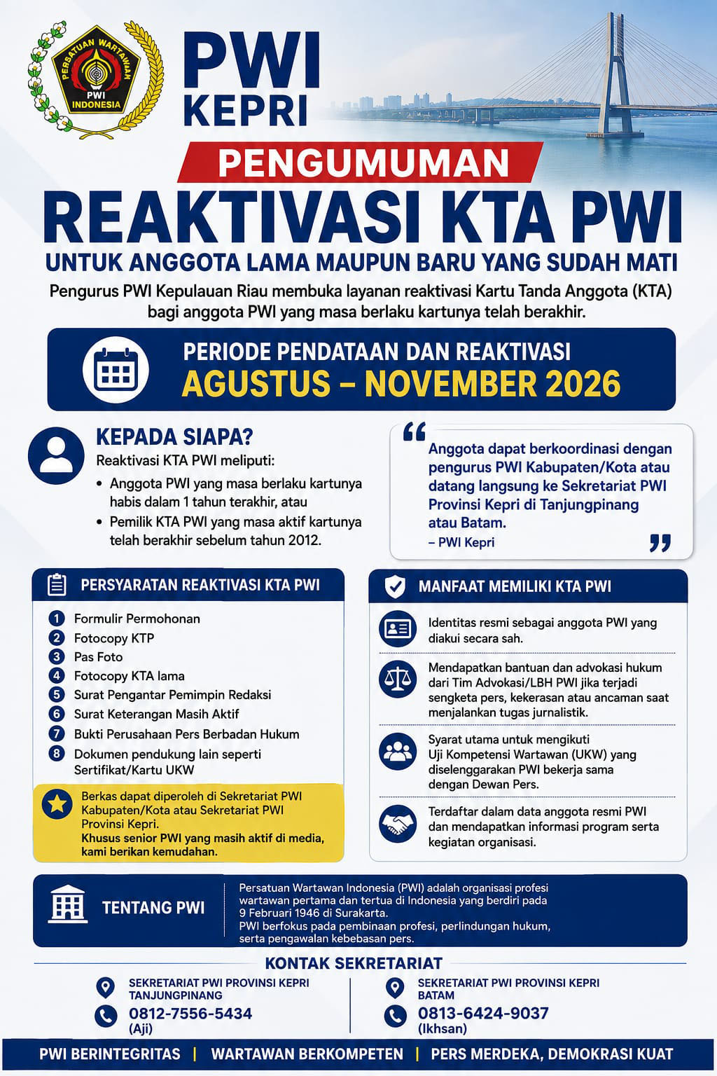 Kartu Anggota Wartawan Kedaluwarsa? PWI Kepri Buka Layanan Reaktivasi hingga September 2026